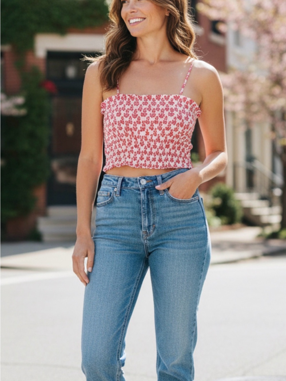 Roller Rabbit Pink Red Floral Smocked Crop Cami